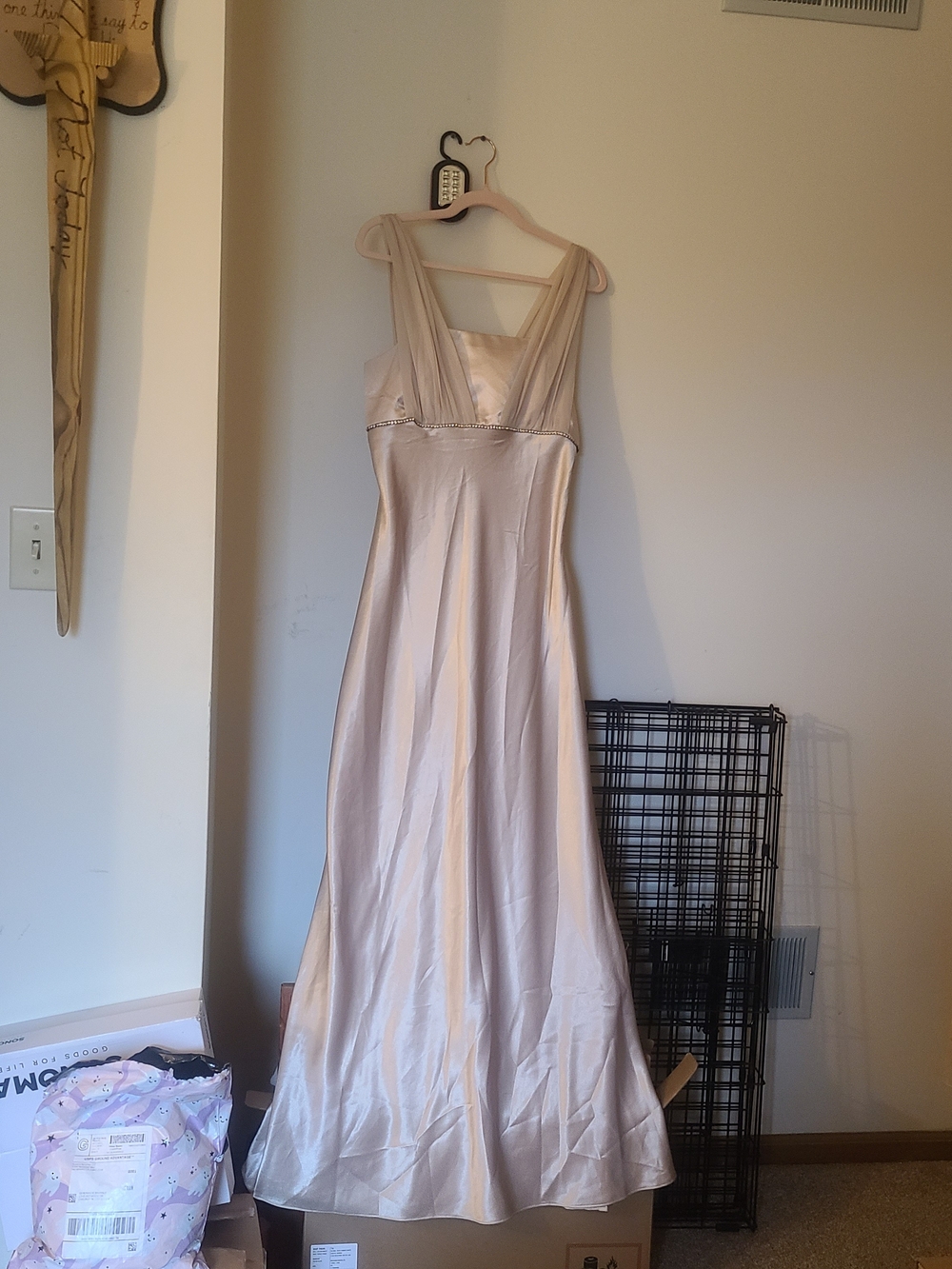 Aspeed Champagne Satin Maxi Dress with V-Neck and Sheer Straps